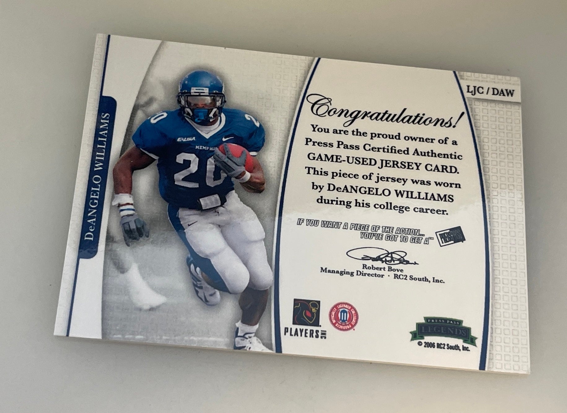 DEANGELO WILLIAMS 2006 PRESS PASS LEGENDS SATURDAY SWATCHES JERSEY F 2050 C South Side Toys More